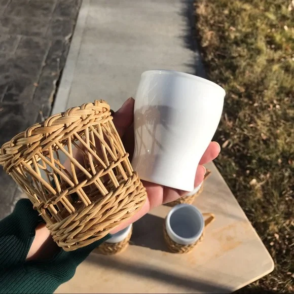 Vintage wicker mug set of 4 boho chic ceramic mug in wicker with handles - Picture 5 of 5